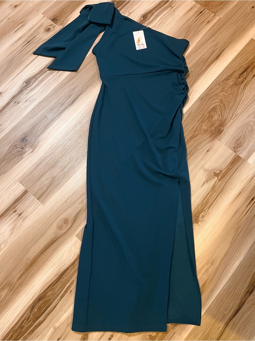 PrettyGarden Womens Large L Shoulder Bow Fall Wedding Maxi Dress Ruched Emerald